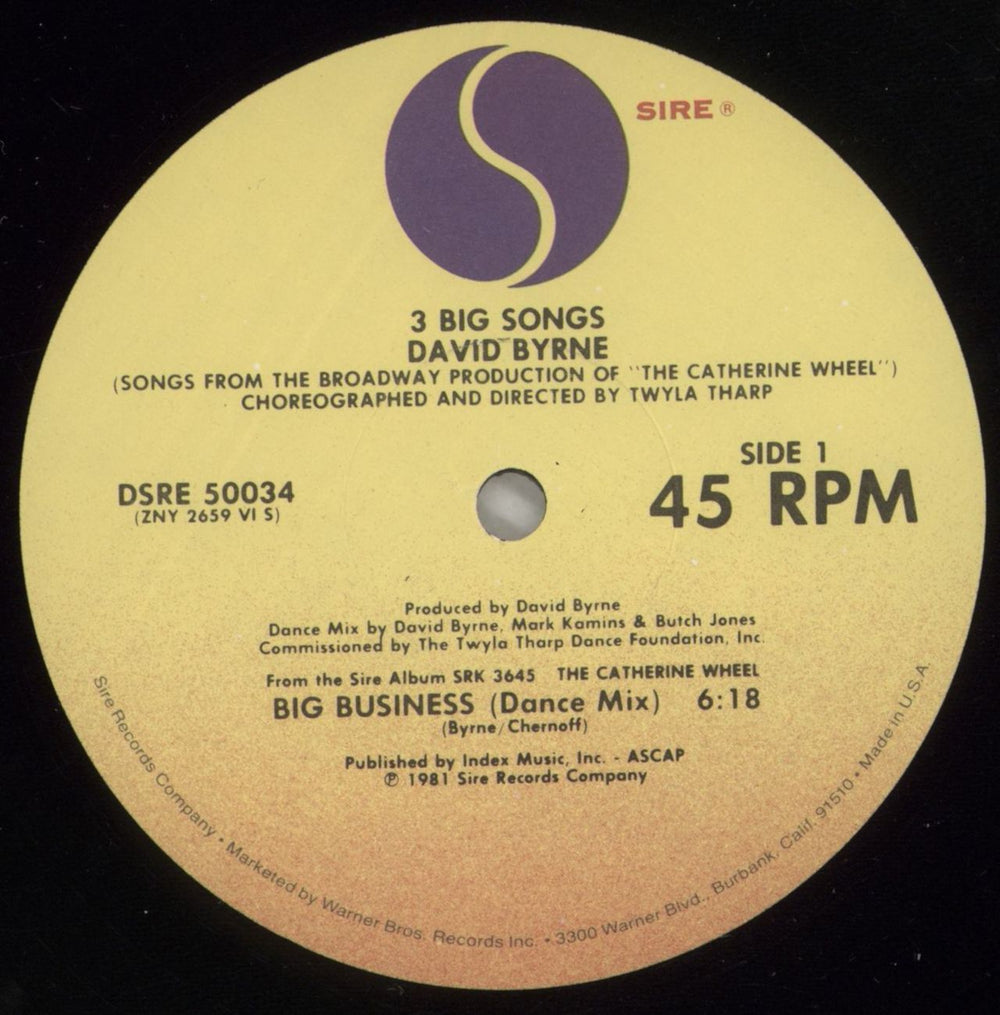 David Byrne 3 Big Songs - Shrink US 12" vinyl single (12 inch record / Maxi-single) BYN12BI874503