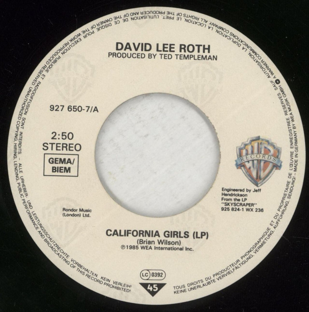 David Lee Roth California Girls German 7" vinyl single (7 inch record / 45) DLR07CA872101