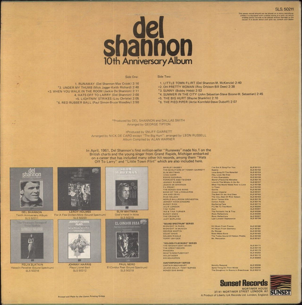 Del Shannon 10th Anniversary Album - Textured Sleeve UK vinyl LP album (LP record)