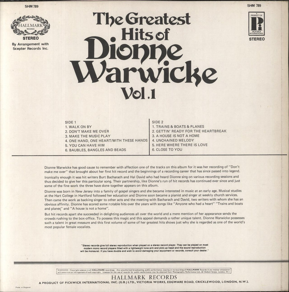 Dionne Warwick The Greatest Hits Of Dionne Warwicke Vol. 1 UK vinyl LP album (LP record)