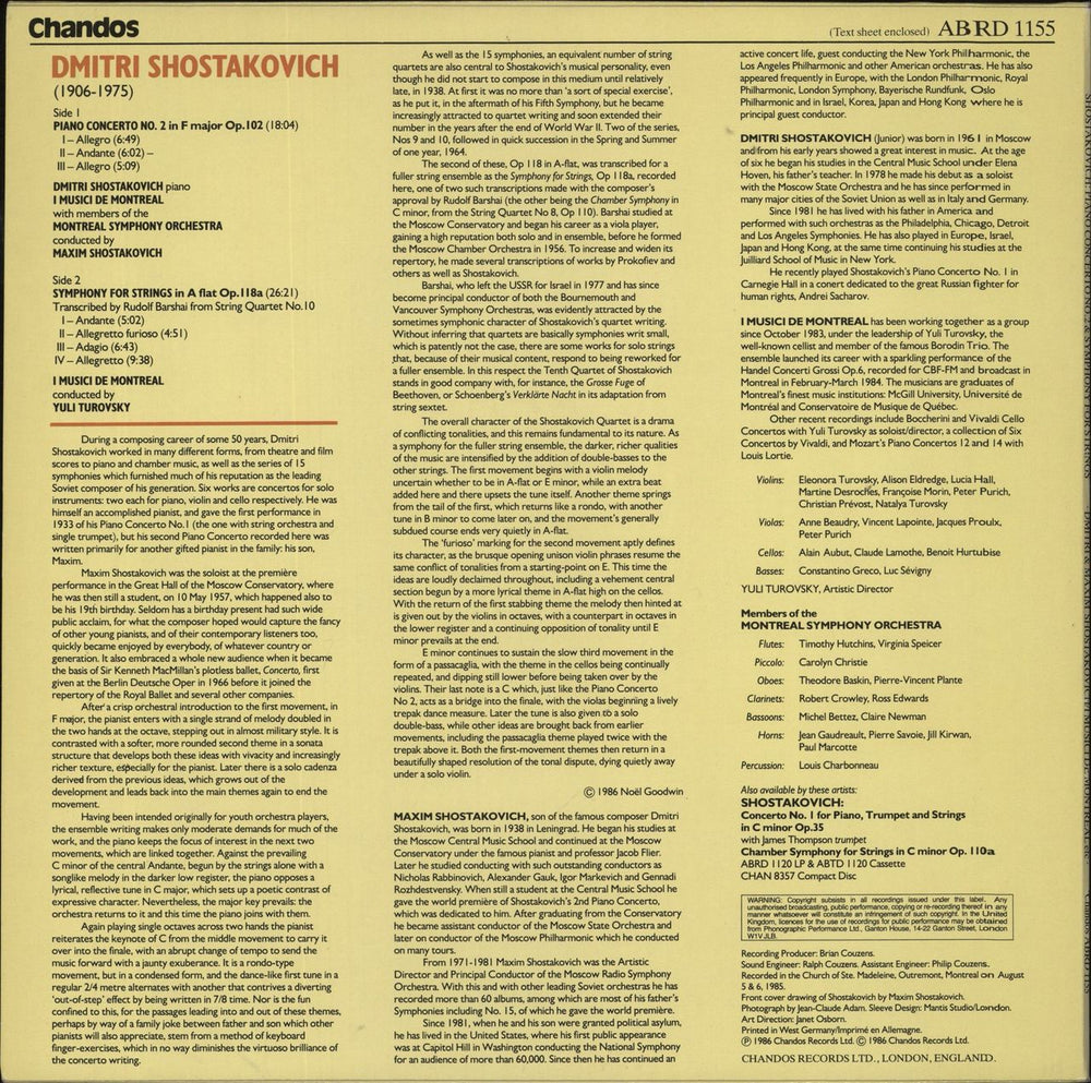 Dmitri Shostakovich Shostakovich: Piano Concerto No.2 Op.102 / Symphony For Strings Op.118a UK vinyl LP album (LP record)