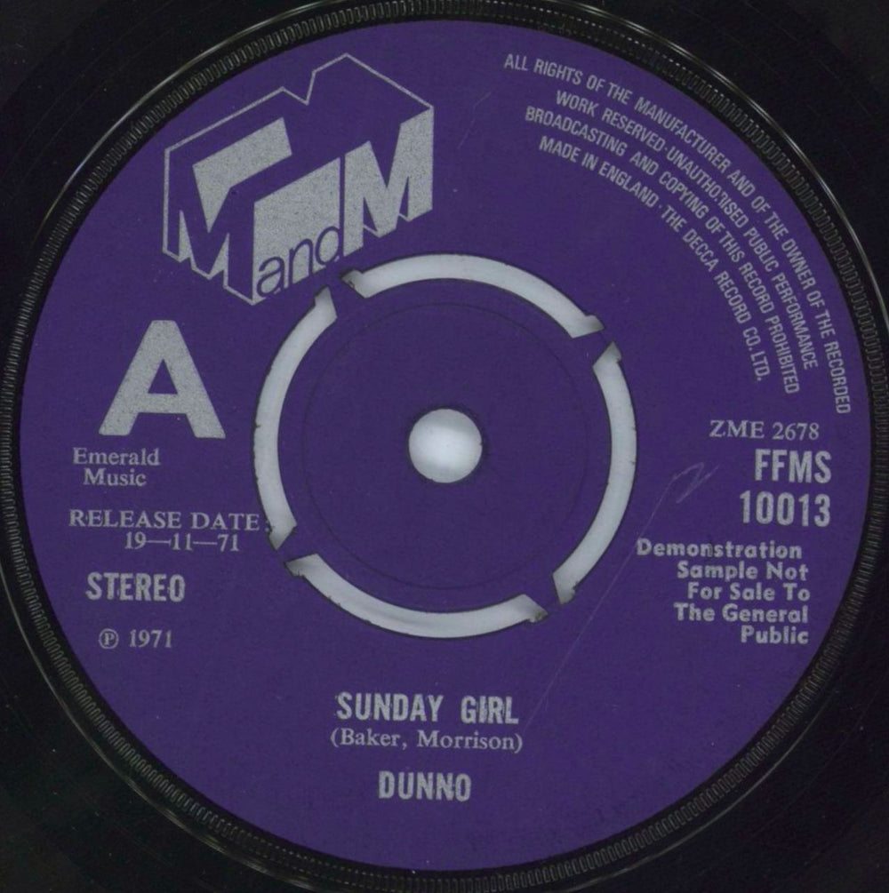 Dunno Sunday Girl - A Label UK 7" vinyl single (7 inch record / 45) FFMS10013