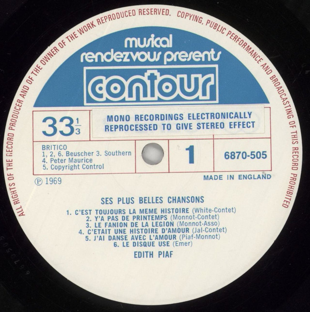 Edith Piaf Ses Plus Belles Chansons UK vinyl LP album (LP record) EPFLPSE775094