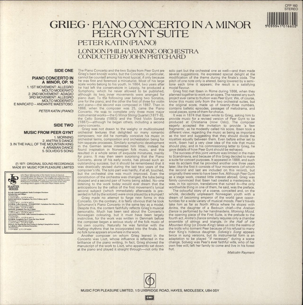 Edvard Grieg Piano Concerto in A Minor / Peer Gynt Suite UK vinyl LP album (LP record) 5099941016602