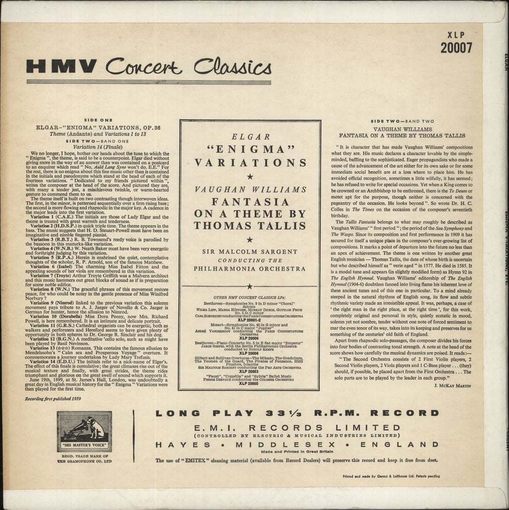 Edward Elgar Elgar: Enigma Variations / Williams: Fantasia On A Theme By Thomas Tallis UK vinyl LP album (LP record)