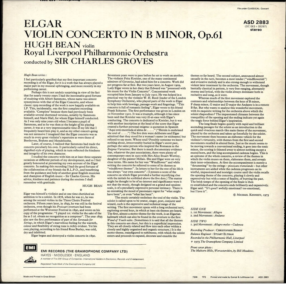Edward Elgar Violin Concerto UK vinyl LP album (LP record)