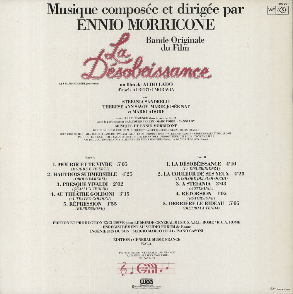 Ennio Morricone La Désobeissance French vinyl LP album (LP record)