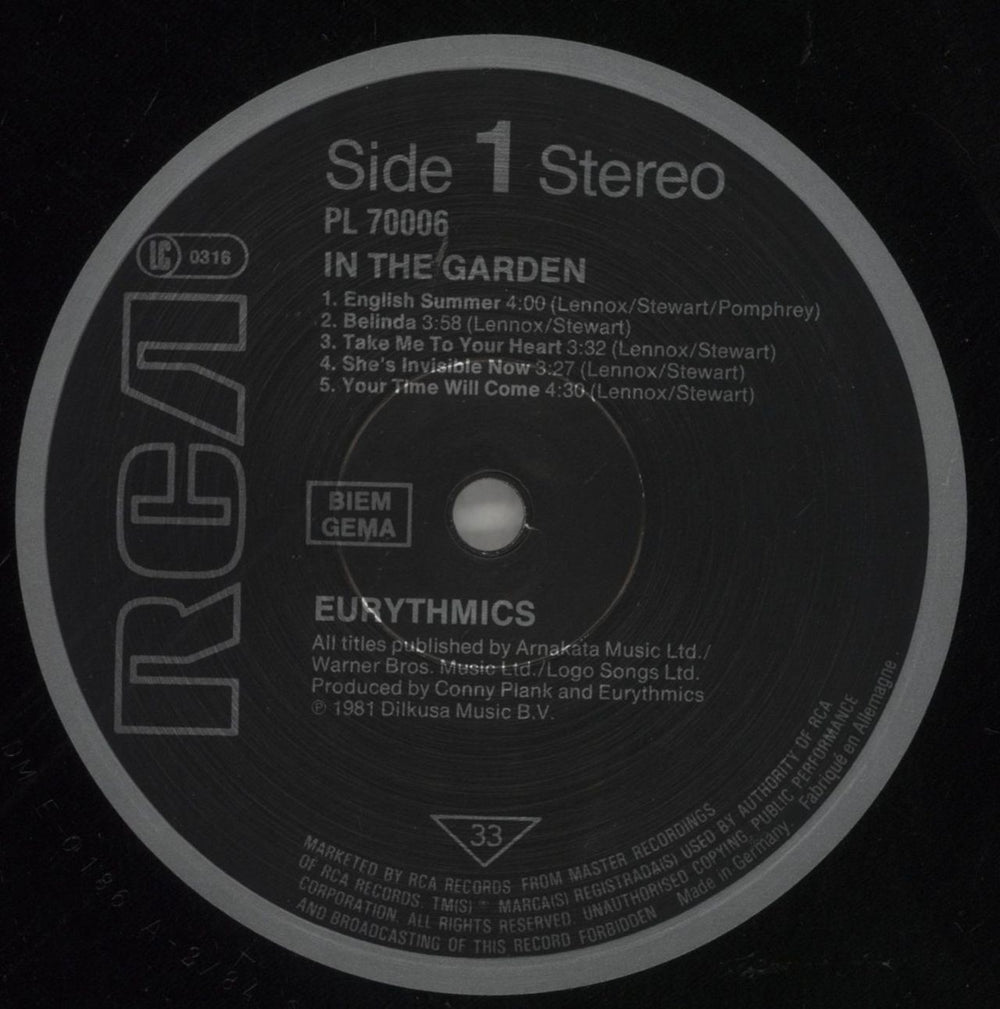 Eurythmics In The Garden German vinyl LP album (LP record) EURLPIN195174