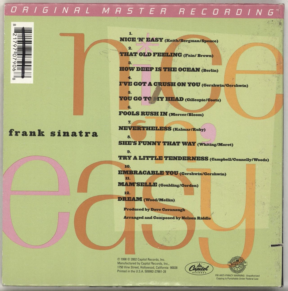Frank Sinatra Nice 'n' Easy US CD album (CDLP) FRSCDNI692941