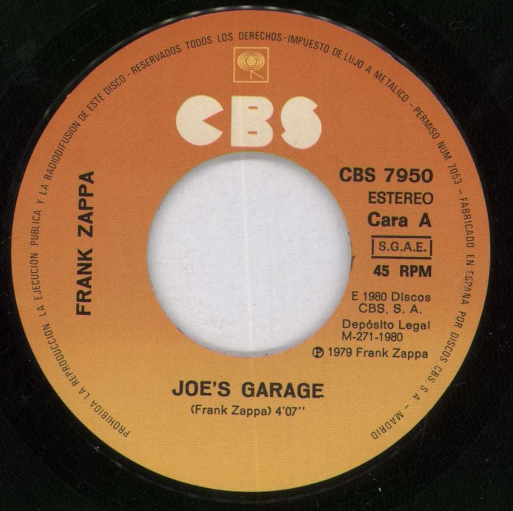 Frank Zappa Joe's Garage (El Garage De Jorge) Spanish 7" vinyl single (7 inch record / 45) ZAP07JO819057