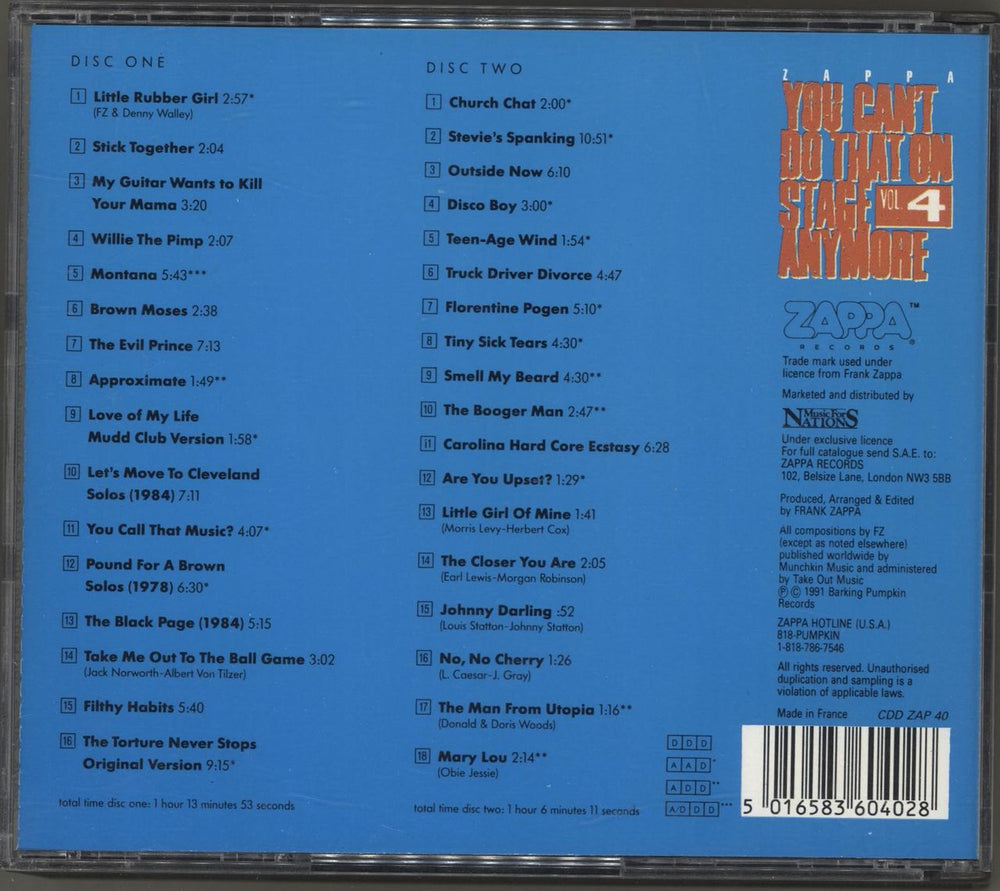 Frank Zappa You Can't Do That On Stage Anymore Vol. 4 UK 2 CD album set (Double CD) ZAP2CYO714451