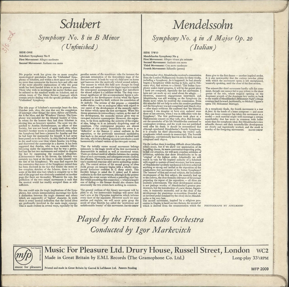 Franz Schubert Schubert Symphony No. 8 In B Minor "Unfinished" & Mendelssohn Symphony No.4 In A Major "Italian" UK vinyl LP album (LP record)