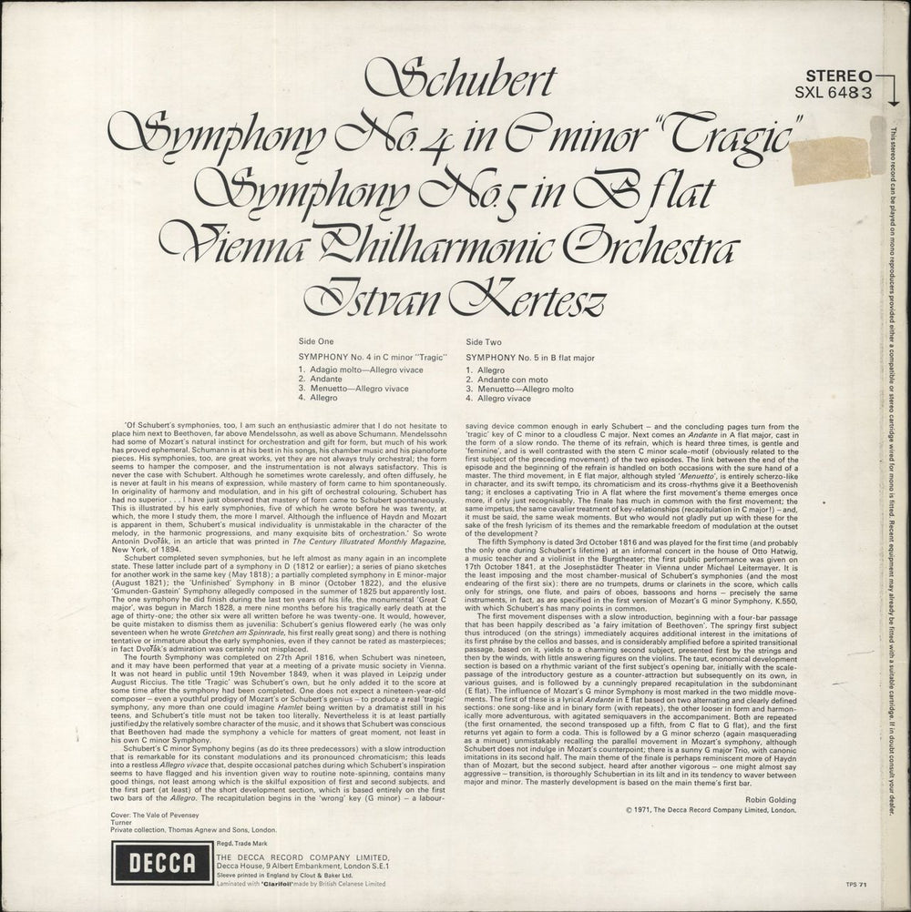 Franz Schubert Symphony No. 4 In C Minor "Tragic" · Symphony No. 5 In B Flat Major UK vinyl LP album (LP record)