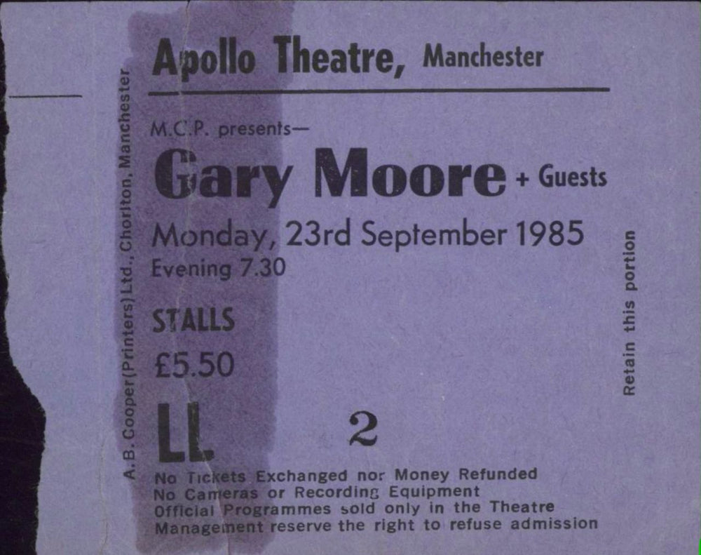 Gary Moore Live In '85 + Ticket Stub UK tour programme MOOTRLI480119