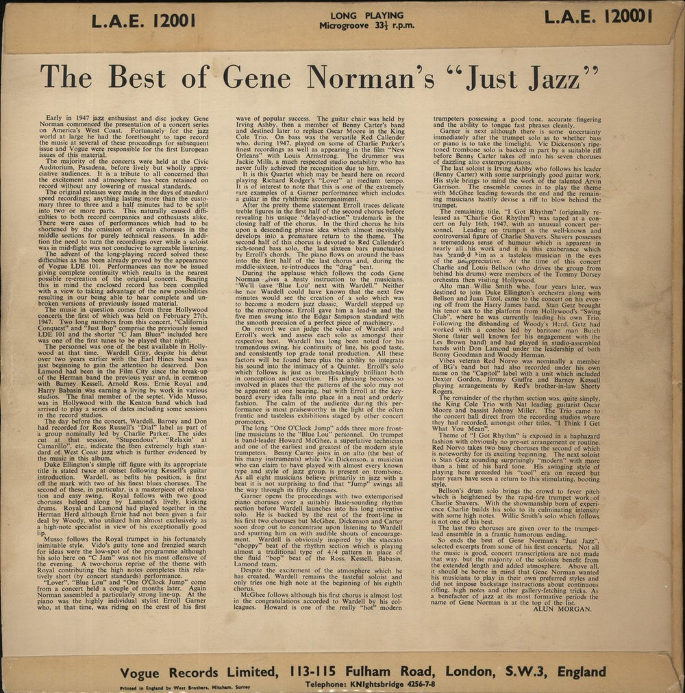 Gene Norman The Best Of Gene Norman's Just Jazz UK vinyl LP album (LP record)