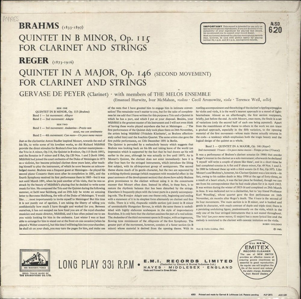 Gervase De Peyer Brahms: Clarinet Quintet In B Minor, Op. 115 / Regar: Clarinet Quintet In A Major, Op. 146 UK vinyl LP album (LP record)