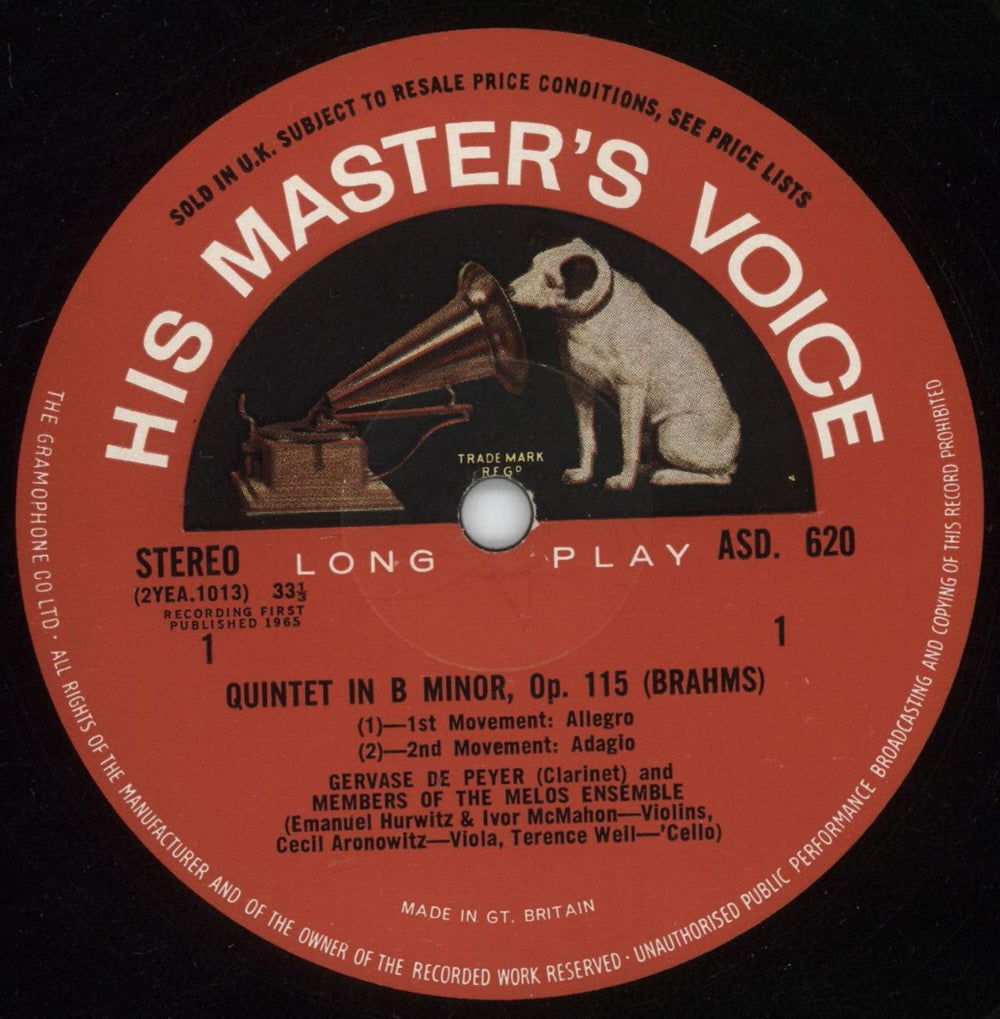 Gervase De Peyer Brahms: Clarinet Quintet In B Minor, Op. 115 / Regar: Clarinet Quintet In A Major, Op. 146 UK vinyl LP album (LP record) ZGULPBR804188