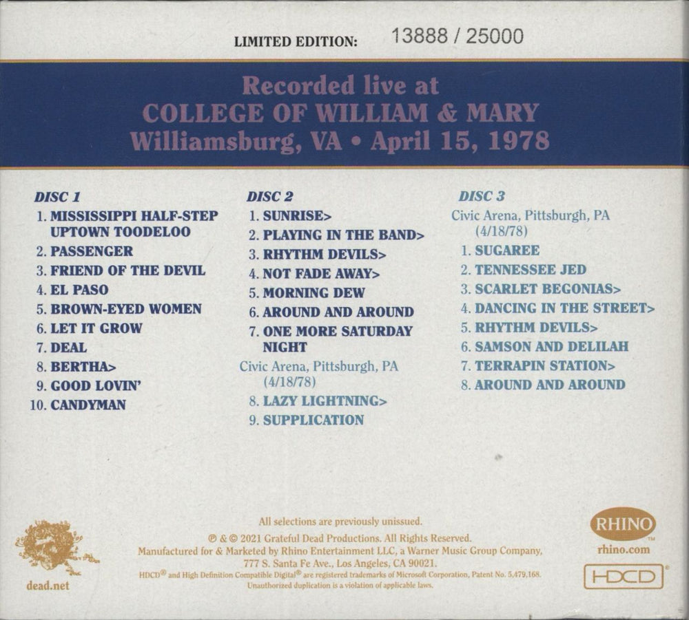 Grateful Dead Dave's Picks Volume 37: College Of William & Mary, Williamsburg, VA 4/15/78 US 3-CD album set (Triple CD)