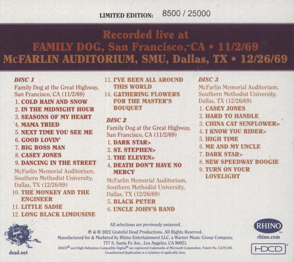 Grateful Dead Dave's Picks, Volume 43 (San Francisco, 11/2/69 Dallas, 12/26/69) US 3-CD album set (Triple CD)