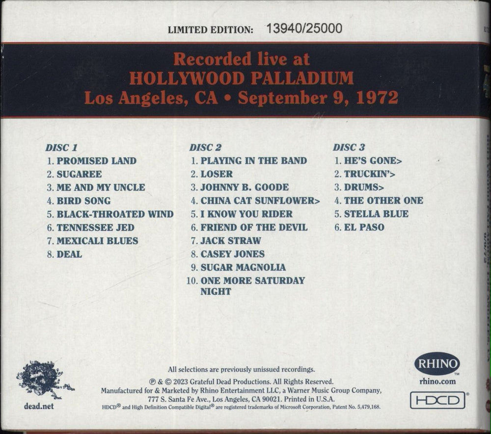 Grateful Dead Dave's Picks, Volume 46 (Hollywood Palladium, Los Angeles, CA 9/9/72) US 3-CD album set (Triple CD)