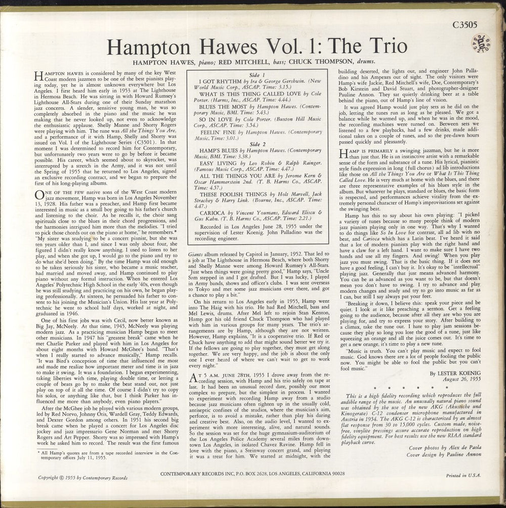 Hampton Hawes Hampton Hawes Trio, Vol. 1 US vinyl LP album (LP record)