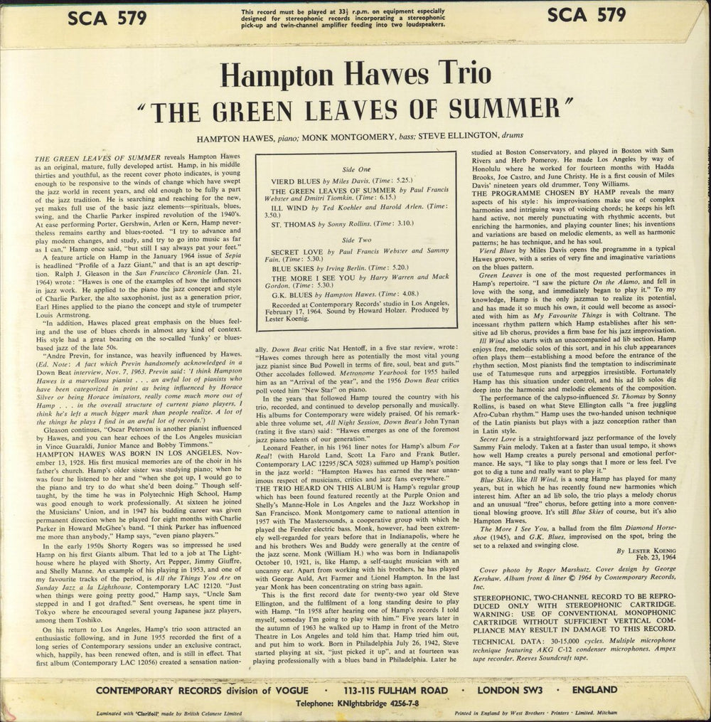 Hampton Hawes The Green Leaves Of Summer UK vinyl LP album (LP record)