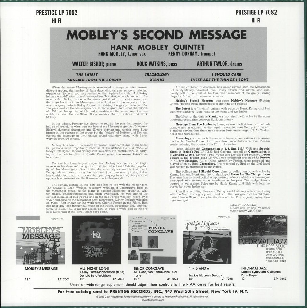 Hank Mobley Mobley's 2nd Message - 180gm US vinyl LP album (LP record) 753088708213