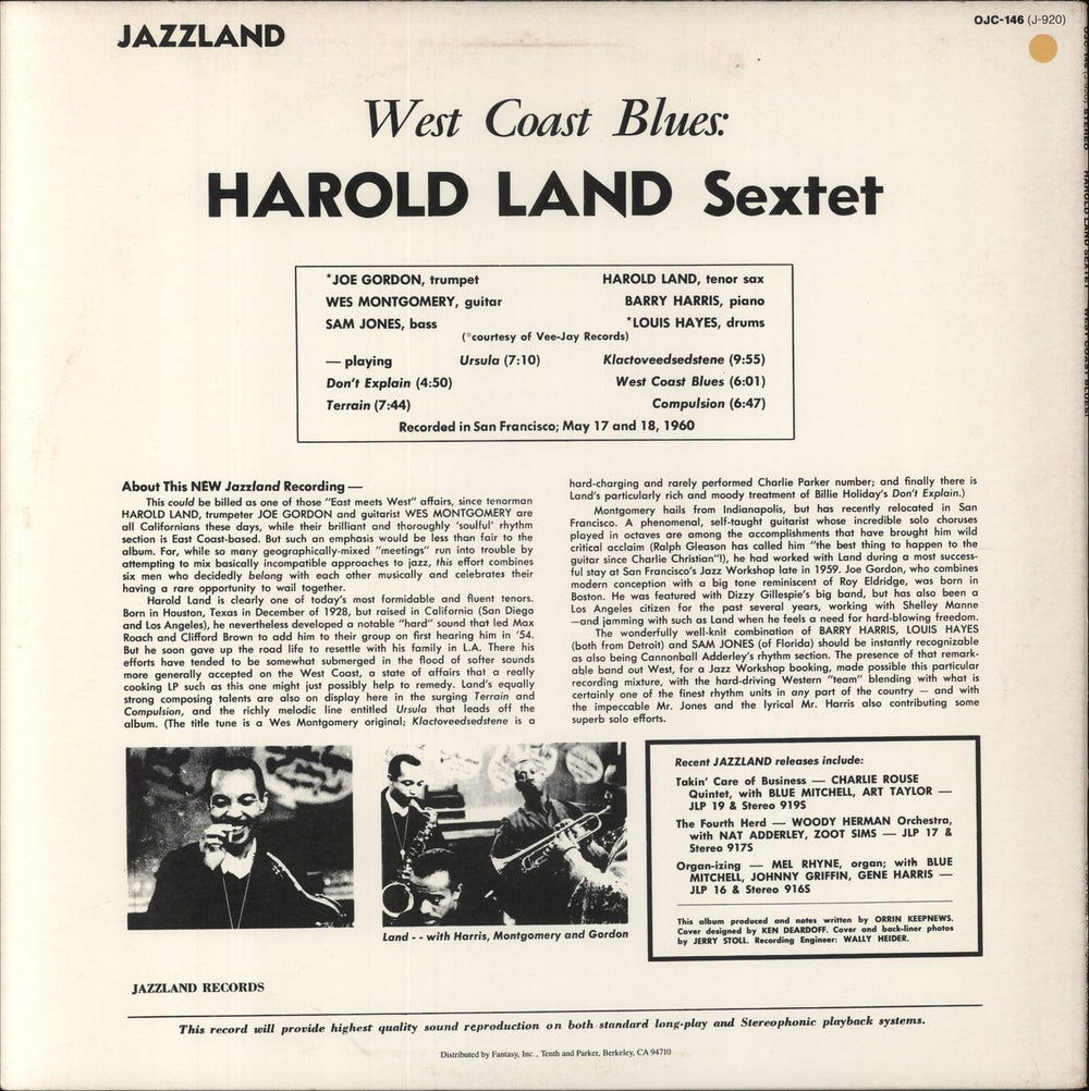Harold Land West Coast Blues! French vinyl LP album (LP record)