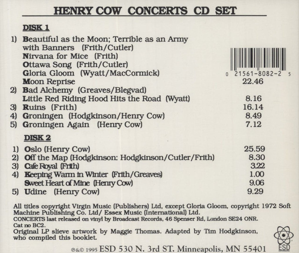 Henry Cow Concerts US 2 CD album set (Double CD) 021561808225