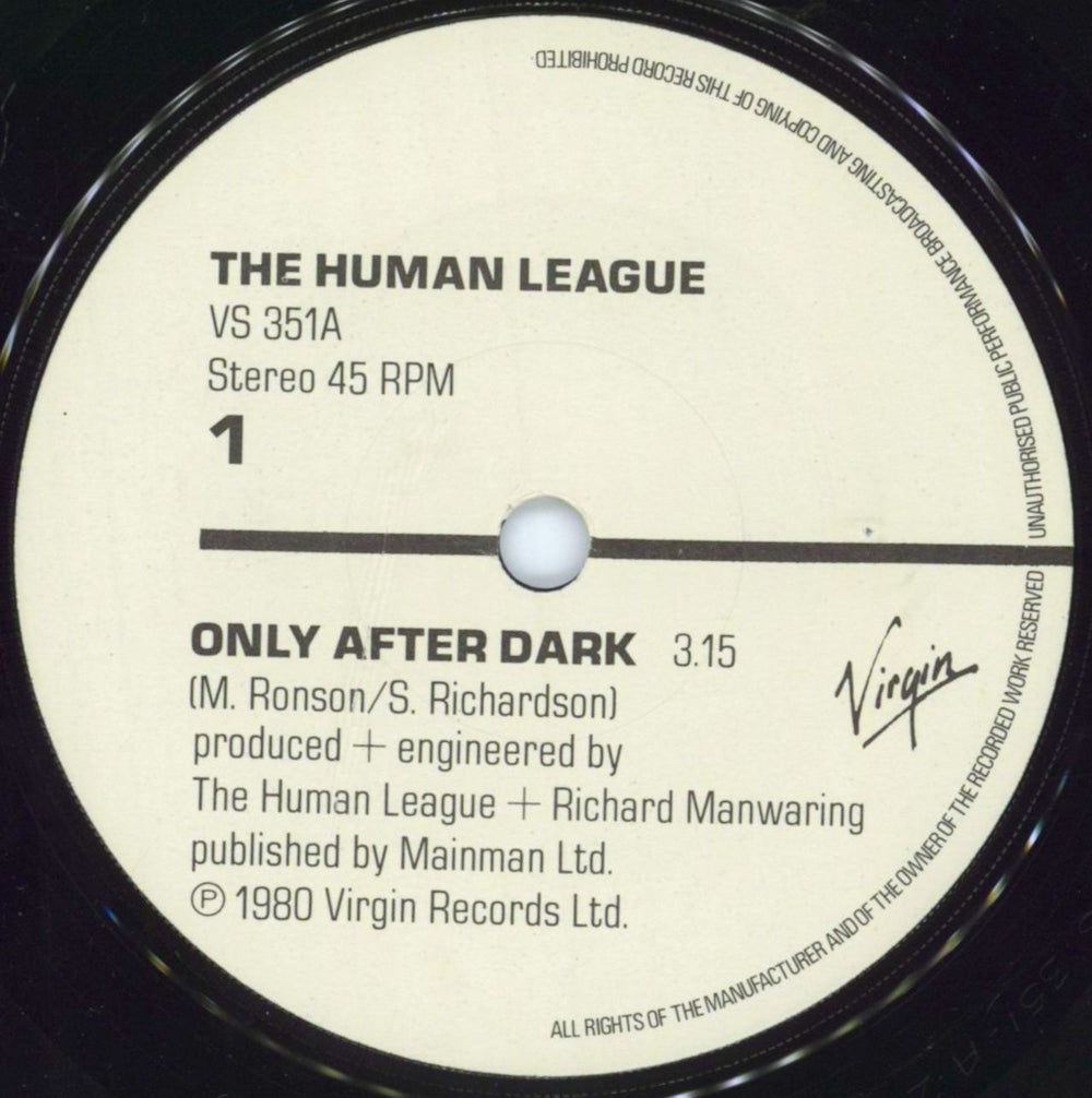 Human League Only After Dark UK 7" vinyl single (7 inch record / 45) HUM07ON59760