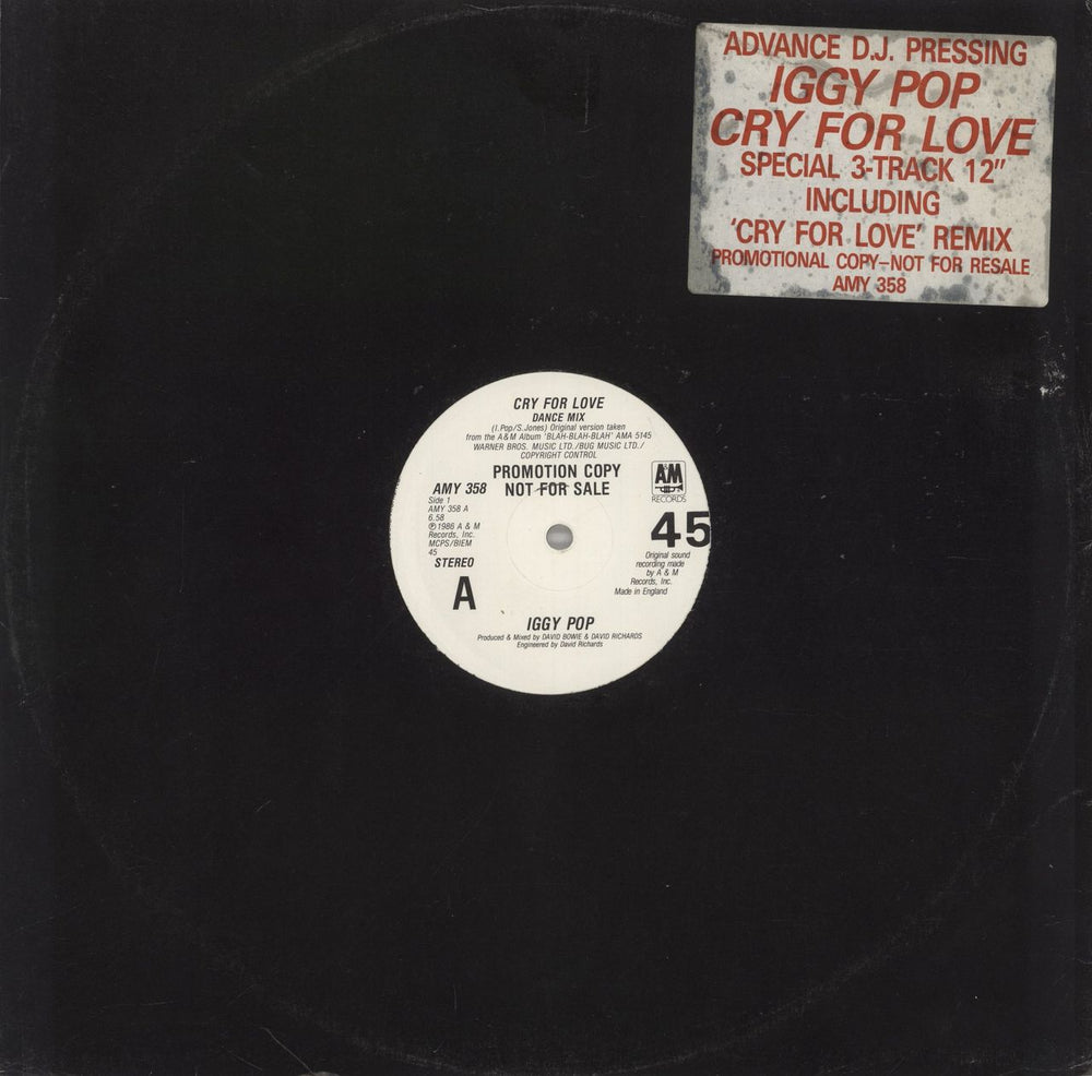 Iggy Pop Cry For Love - Promo UK Promo 12" vinyl single (12 inch record / Maxi-single) AMY358