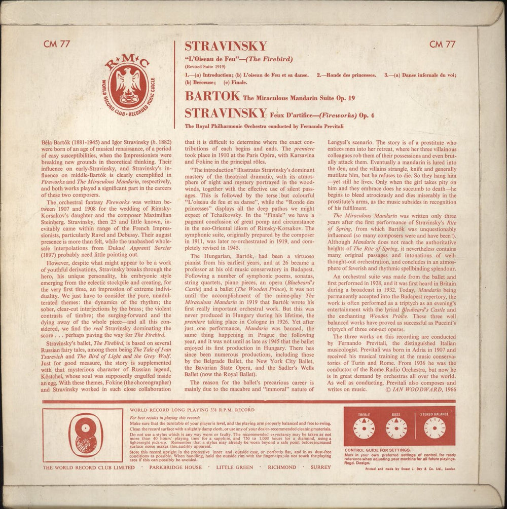 Igor Stravinsky Stravinsky: The Firebird Suite; Feux D'Artifice (Fireworks); Bartok: The Miraculous Mandarin Suite UK vinyl LP album (LP record)