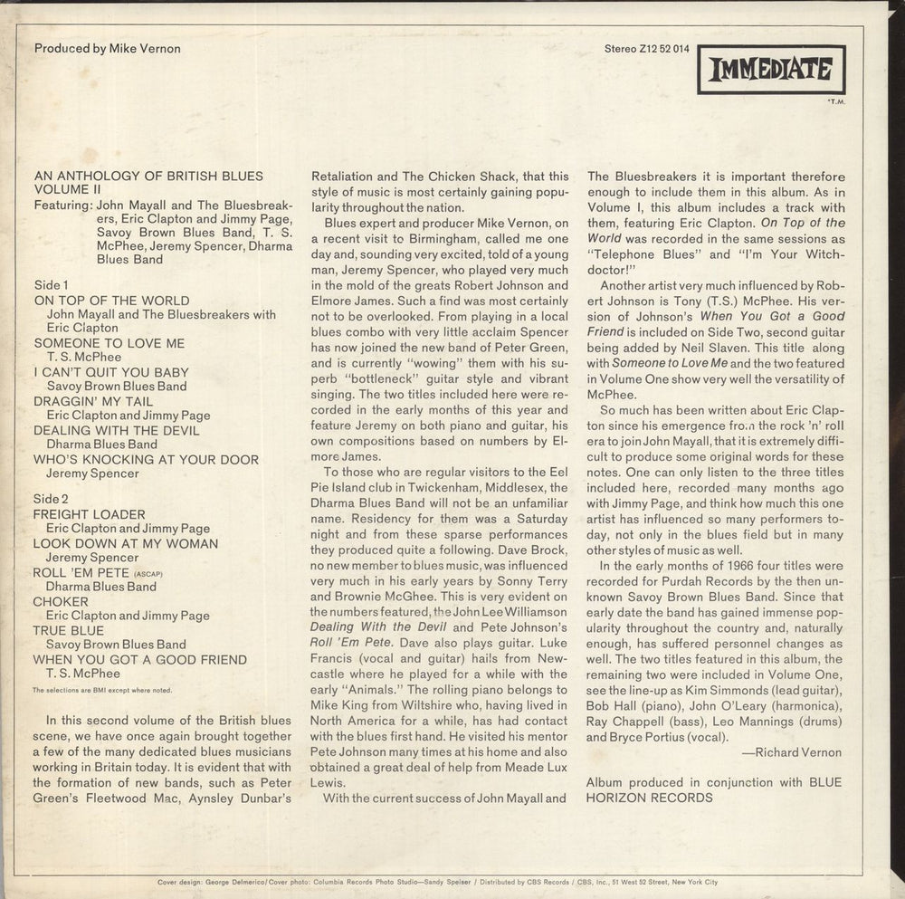 Immediate Label An Anthology Of British Blues Volume 2 US vinyl LP album (LP record)