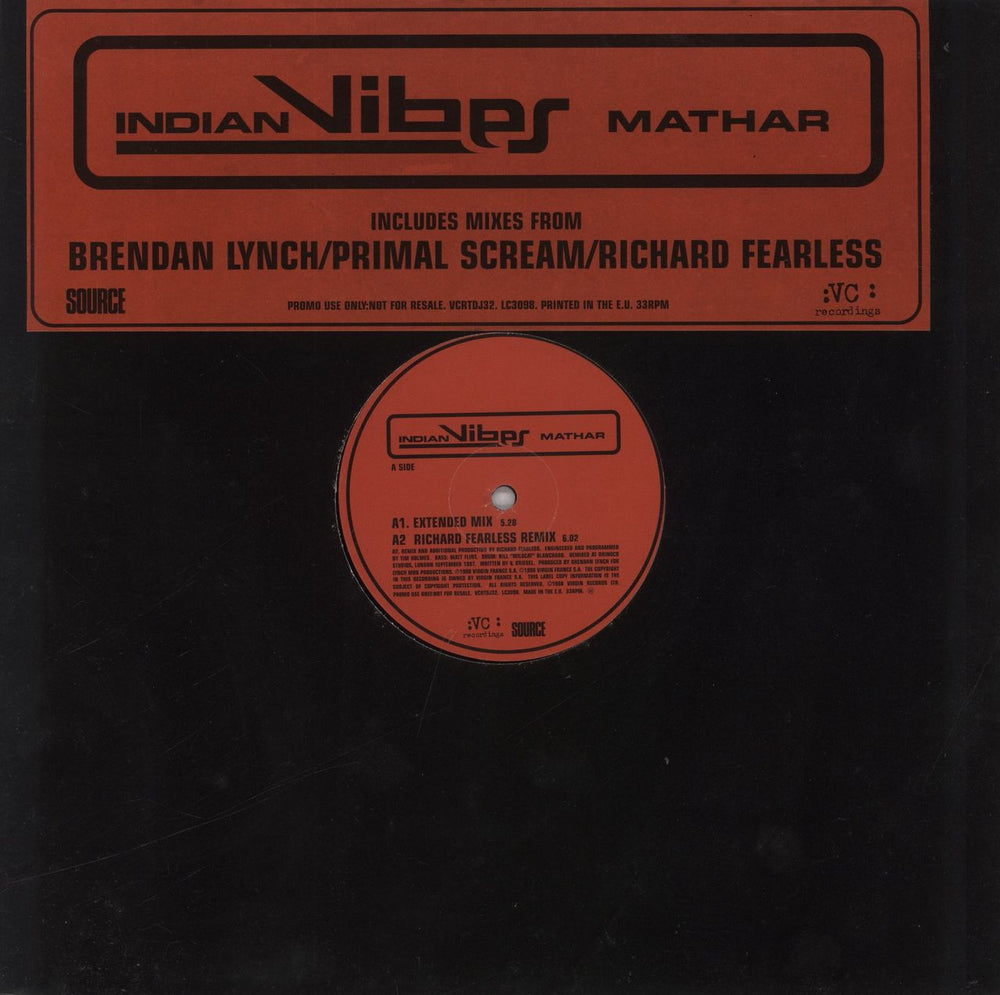 Indian Vibes Mathar - Lynch / Primal Scream Remixes UK Promo 12" vinyl single (12 inch record / Maxi-single) VCRTDJ32