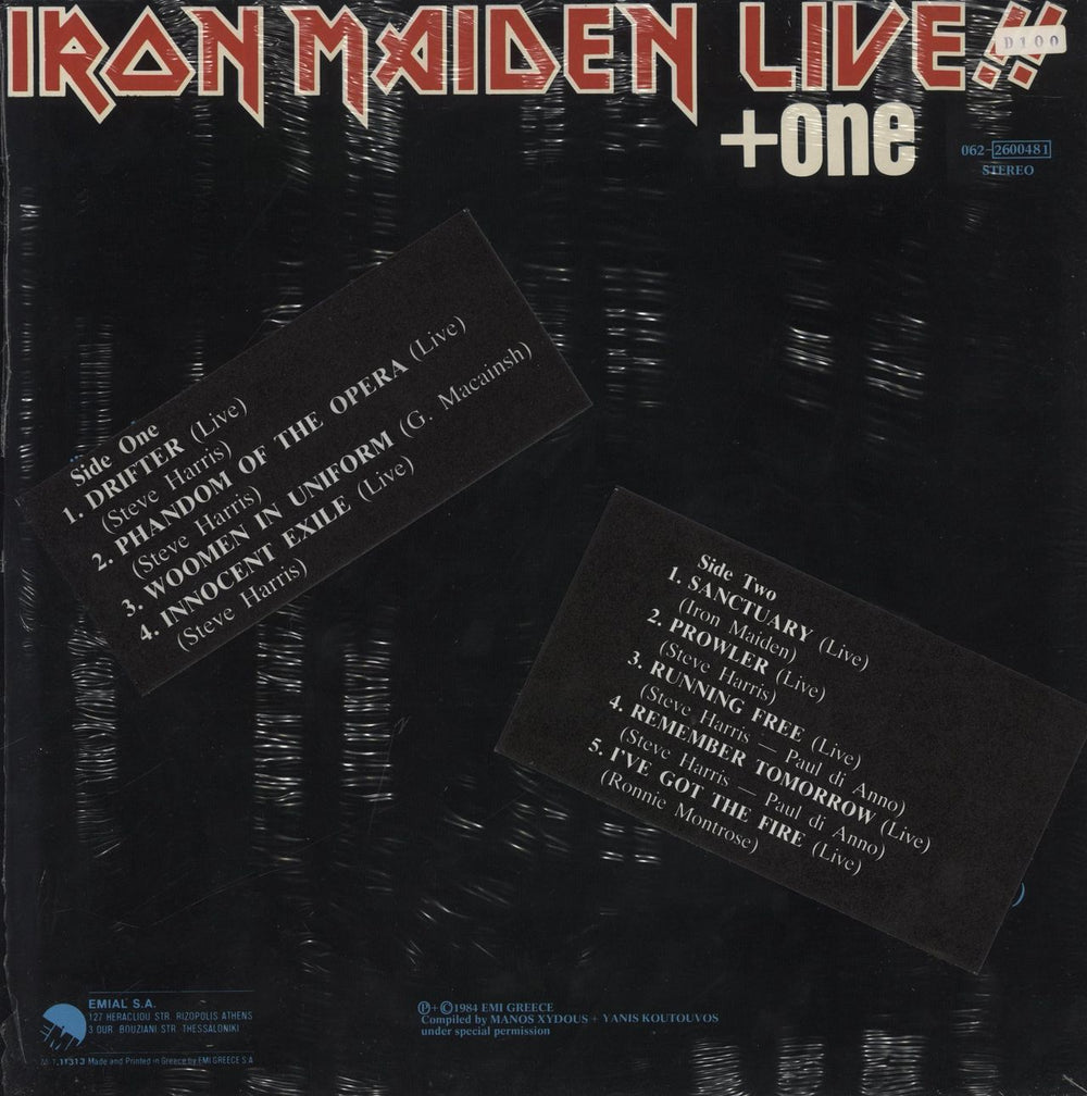 Iron Maiden Live!! + One - English tracklisting stickers Greek vinyl LP album (LP record)