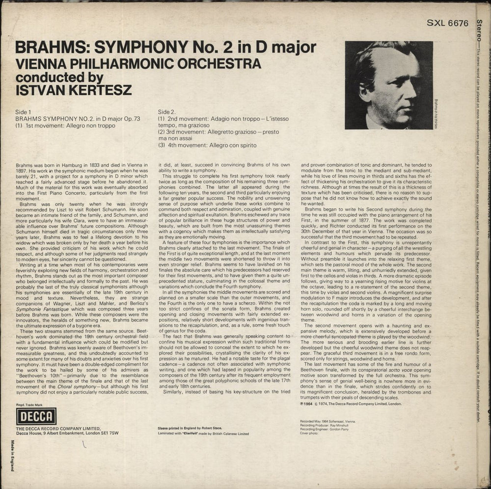 Istvan Kertesz Brahms: Symphony No. 2 In D Major UK vinyl LP album (LP record)