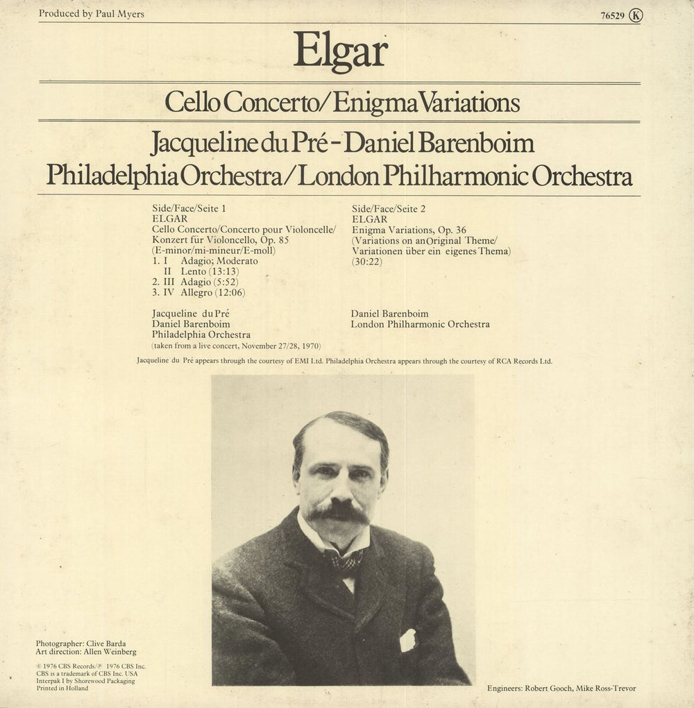Jacqueline Du Pré & Daniel Barenboim Elgar: Cello Concerto, Op. 85 & Enigma Variations German vinyl LP album (LP record) K9CLPEL748096