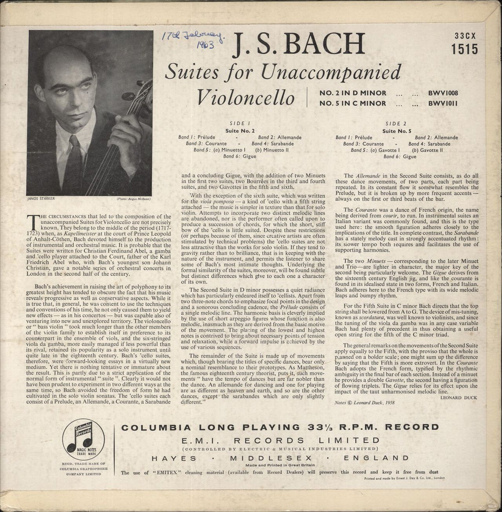 János Starker Bach: Suites For Unaccompanied Cello: No. 2 in D Minor / No. 5 in C Minor - VG UK vinyl LP album (LP record)