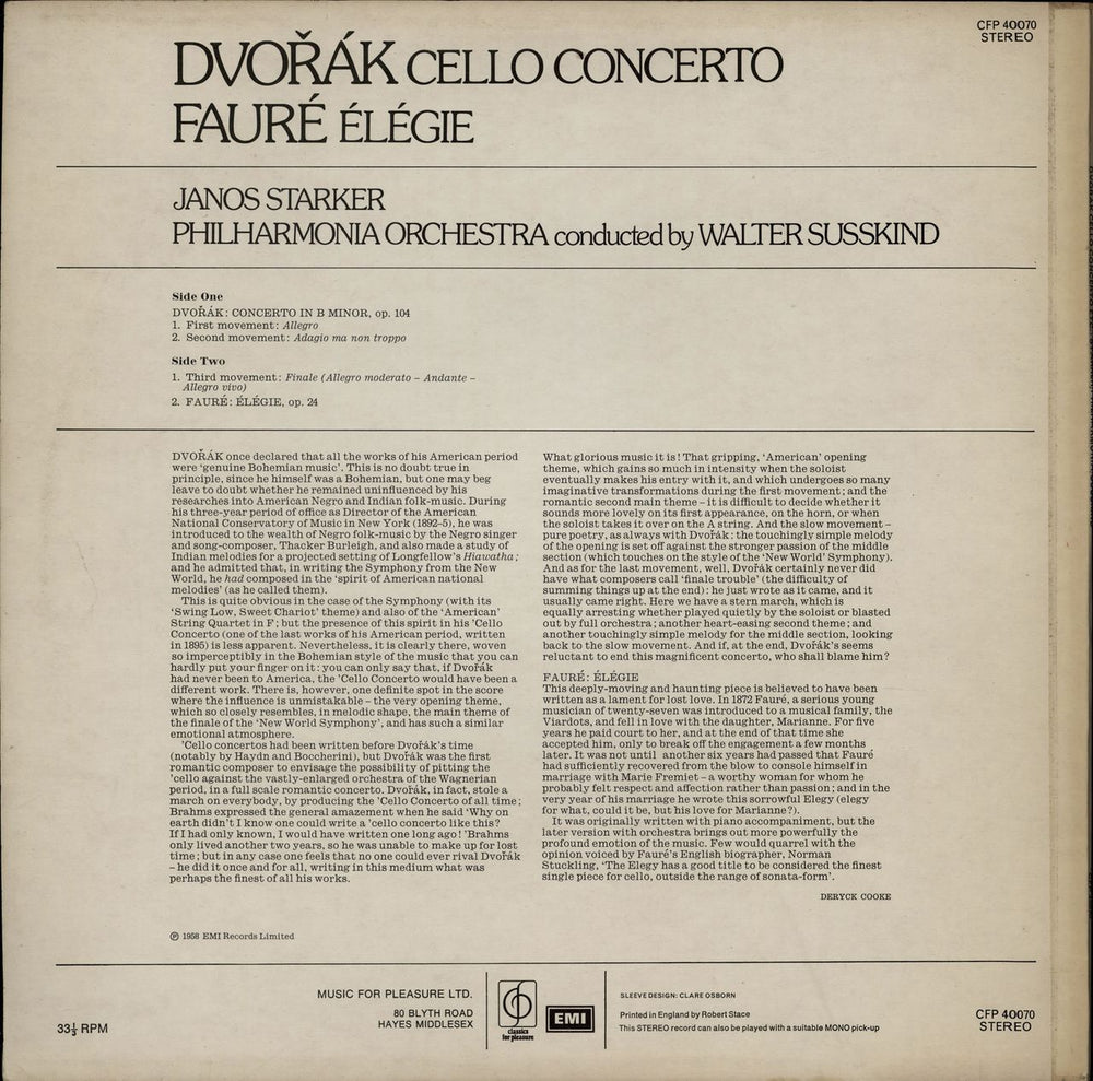 János Starker Dvorák: Cello Concerto / Fauré: Élégie UK vinyl LP album (LP record)