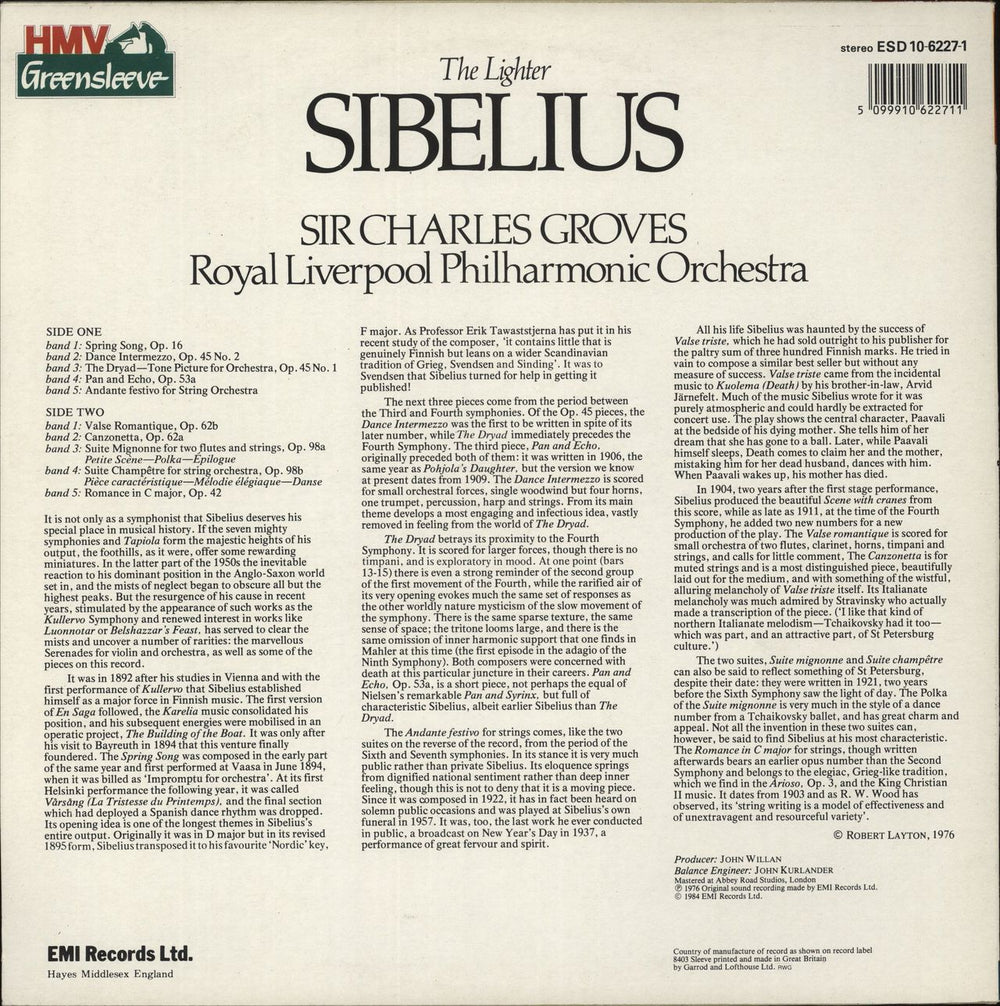Jean Sibelius The Lighter Sibelius UK vinyl LP album (LP record)