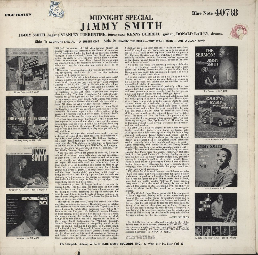 Jimmy Smith (Jazz Organ) Midnight Special US vinyl LP album (LP record)