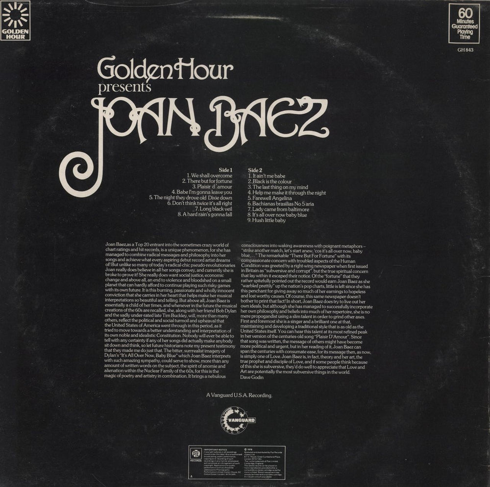 Joan Baez Golden Hour Presents Joan Baez UK vinyl LP album (LP record)