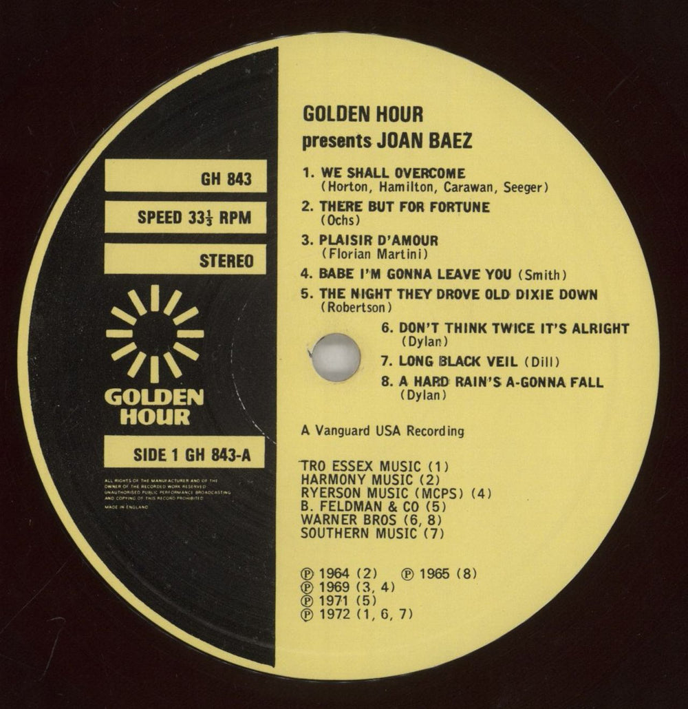 Joan Baez Golden Hour Presents Joan Baez UK vinyl LP album (LP record) JBZLPGO863182