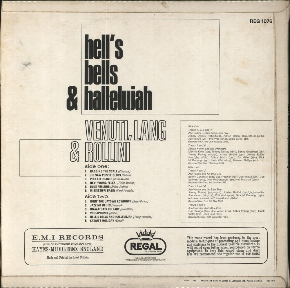 Joe Venuti Hell's Bells & Hallelujah UK vinyl LP album (LP record)