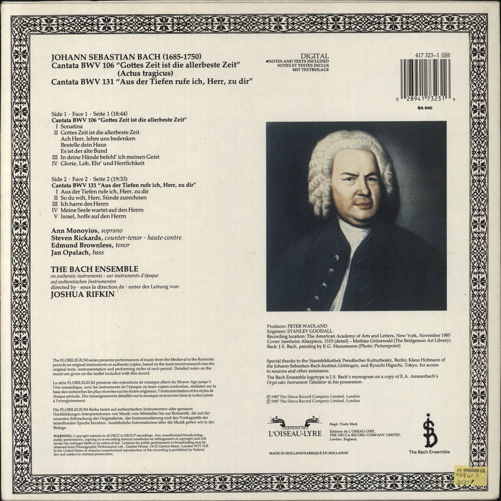 Johann Christian Bach J. S. Bach: Cantatas 106 & 131 UK vinyl LP album (LP record) 028941732316