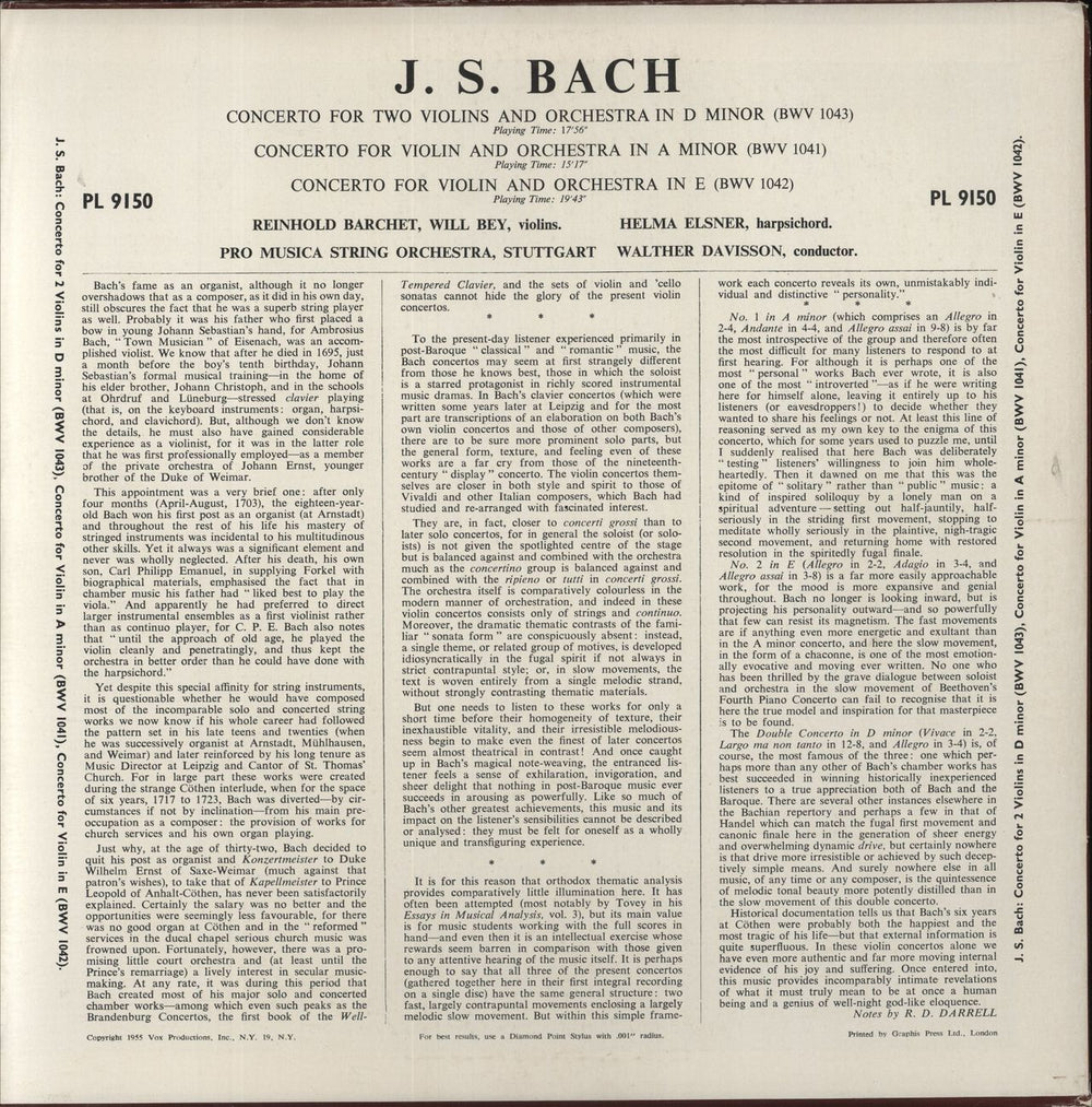 Johann Sebastian Bach Bach: Concerto For 2 Violins In D Minor • Concerto For Violin In A Minor • Concerto For Violin In E US vinyl LP album (LP record)