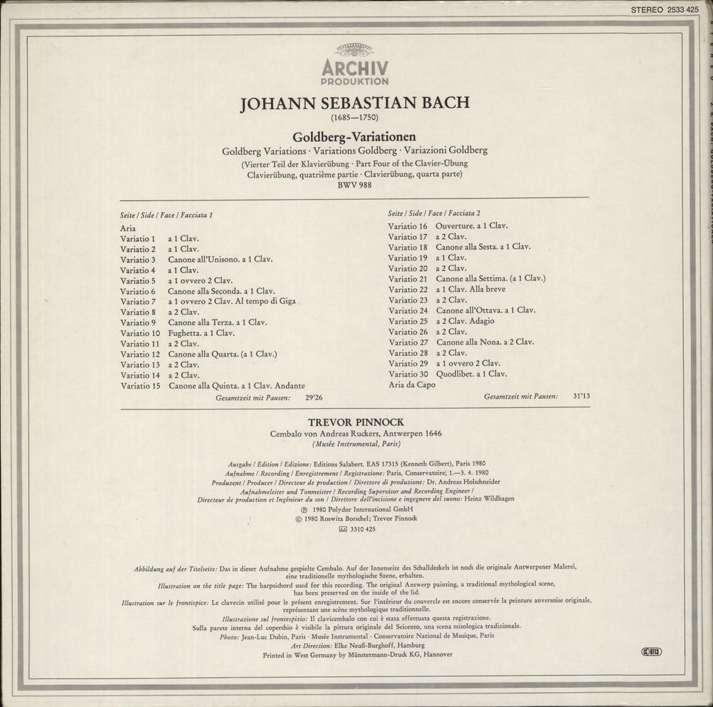 Johann Sebastian Bach Bach: Goldberg-Variationen German vinyl LP album (LP record)