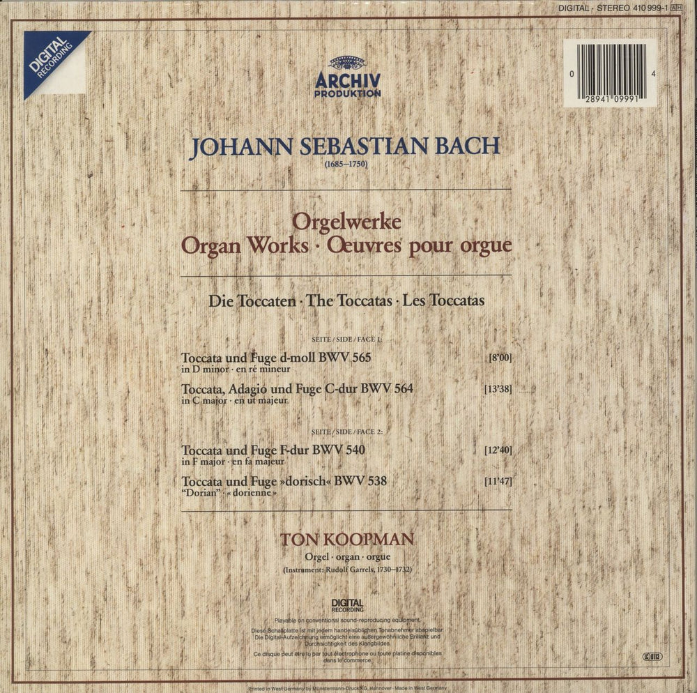 Johann Sebastian Bach Bach: Orgelwerke = Organ Works = Œuvres Pour Orgue - Toccaten & Fugen German vinyl LP album (LP record)