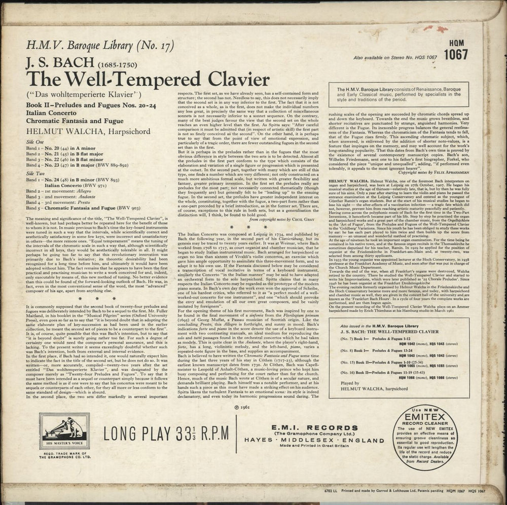 Johann Sebastian Bach Bach: The Well Tempered Clavier, Book 2, Preludes And Fugues Nos. 20-24. Italian Concerto. Chromatic UK vinyl LP album (LP record)