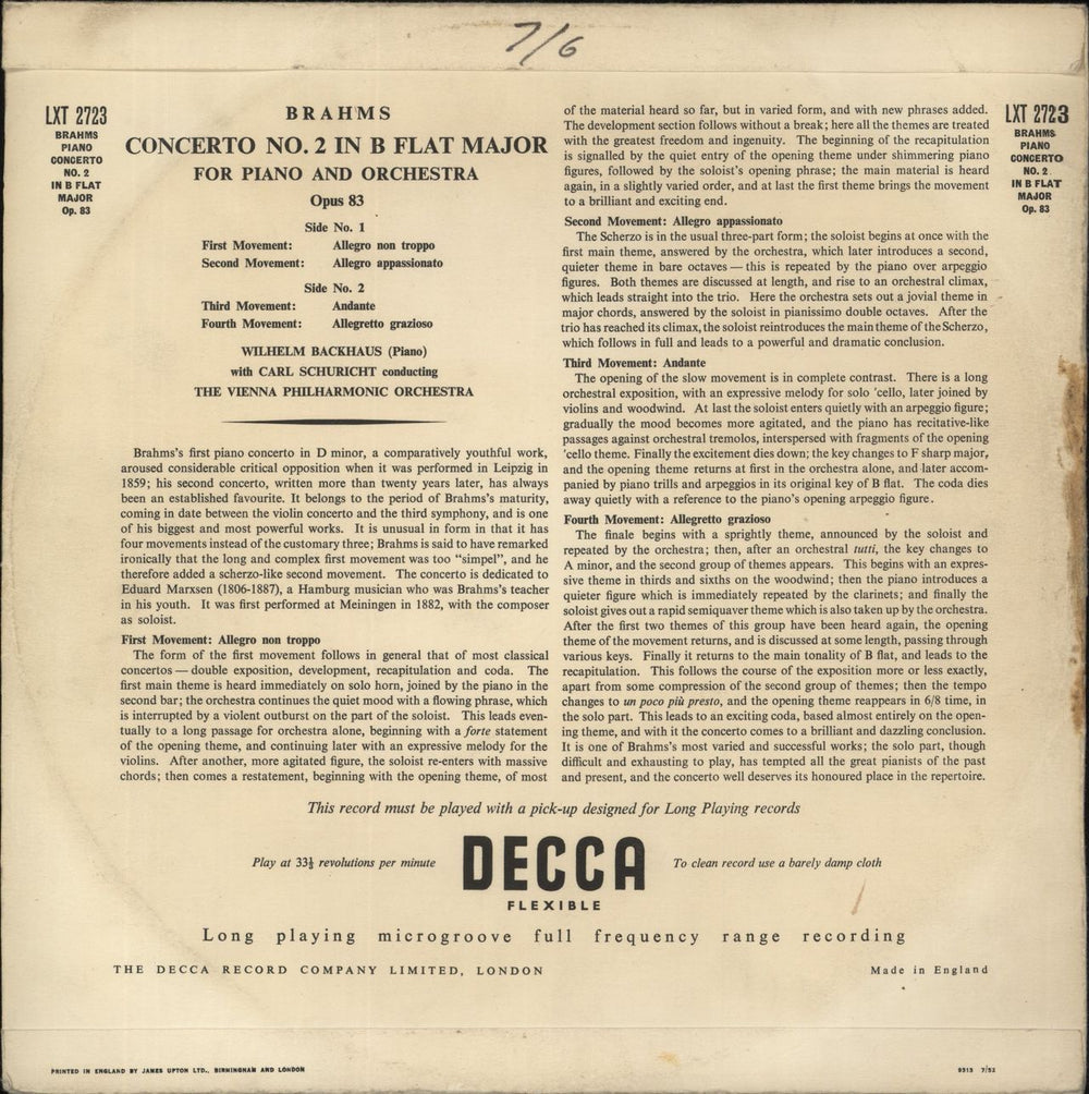 Johannes Brahms Brahms: Concerto No. 2 In B Flat Major For Piano & Orchestra · Opus 83 UK vinyl LP album (LP record)